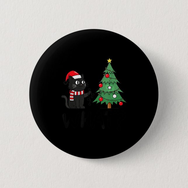 Badge Rond 5 Cm Funny Black Cat Pushing Christmas Tree Over Cat Wh (Devant)