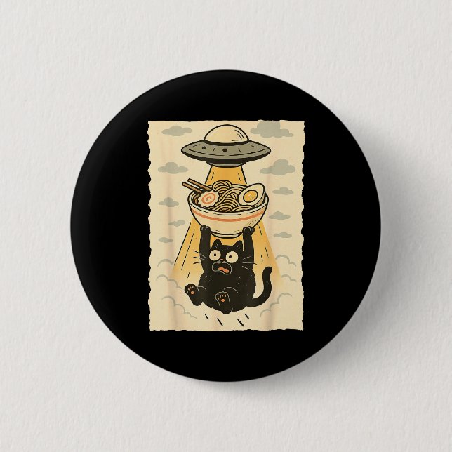 Badge Rond 5 Cm Funny Black Cat Ufo Ramen Alien Abduction Graphic  (Devant)