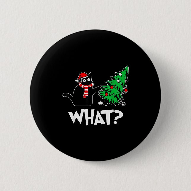 Badge Rond 5 Cm Funny Black Cat Xmas Pushing Christmas Tree Over C (Devant)