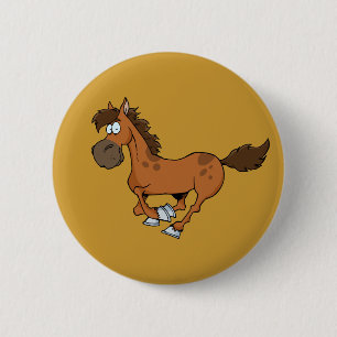 BADGE ROND 5 CM FUNNY BROWN CARTOON CHEVAL EN COURSE DE GALLOPING