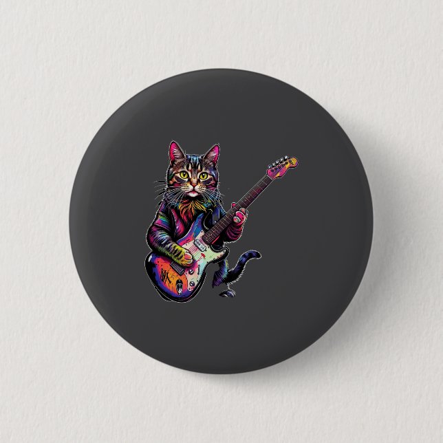 Badge Rond 5 Cm Funny Cat Playing Guitar Rock And Roll Men Women K (Devant)