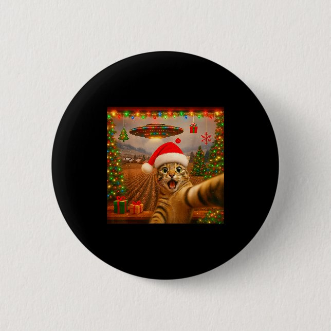 Badge Rond 5 Cm Funny Cat Selfie With Alien Ufo Christmas Lights S (Devant)