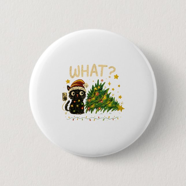 Badge Rond 5 Cm Funny Cat With Christmas Lights And Fallen Tree Ar (Devant)
