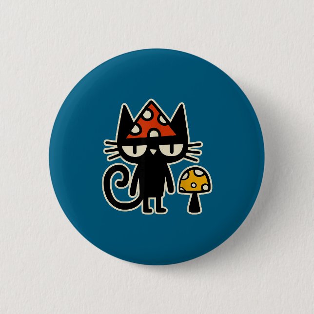 Badge Rond 5 Cm Funny Cat With Mushroom Hat Black Cat With Toadsto (Devant)
