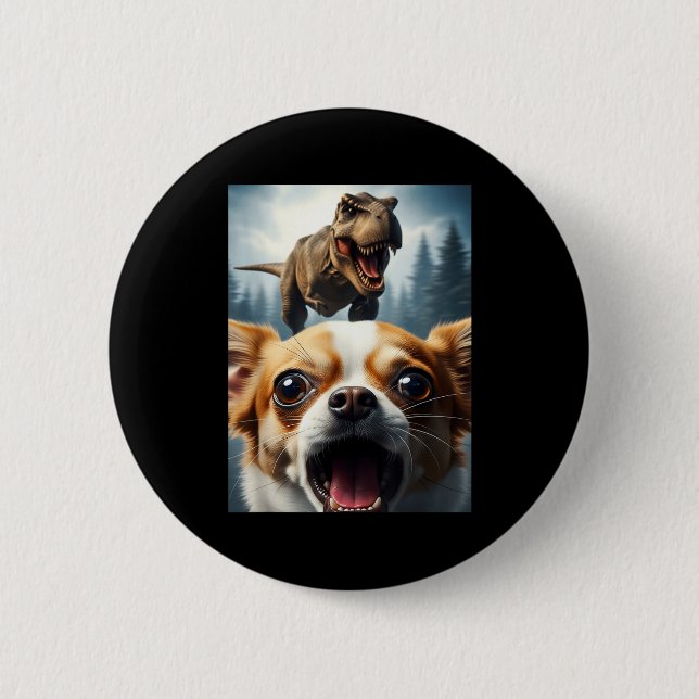 Badge Rond 5 Cm Funny Chihuahua Dog Selfie With T-rex Women Men Ki (Devant)