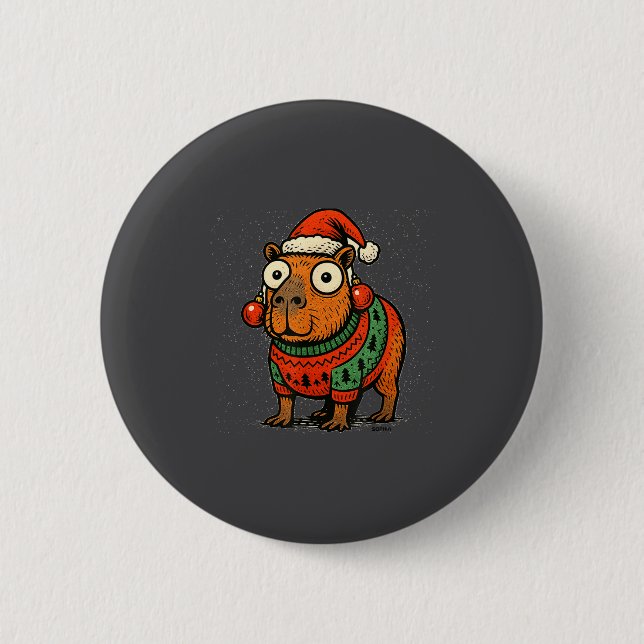 Badge Rond 5 Cm Funny Christmas Capybara With Santa Hat &amp; Swea (Devant)