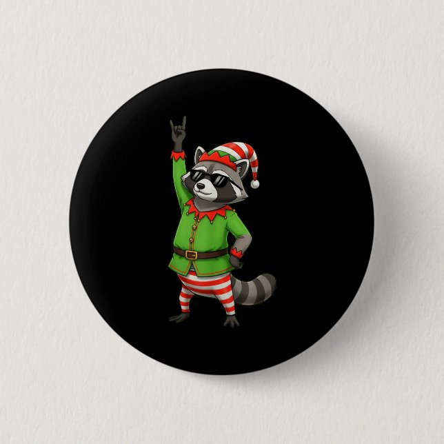 Badge Rond 5 Cm Funny Christmas Raccoon Dressed As Elf With Sungle (Devant)