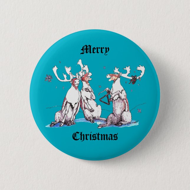 Badge Rond 5 Cm Funny Christmas Singer Caribou Faune Bleu (Devant)