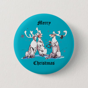 Badge Rond 5 Cm Funny Christmas Singer Caribou Faune Bleu