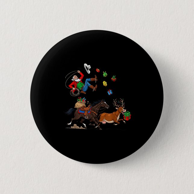 Badge Rond 5 Cm Funny Cowboy Santa Christmas Holiday Western Style (Devant)