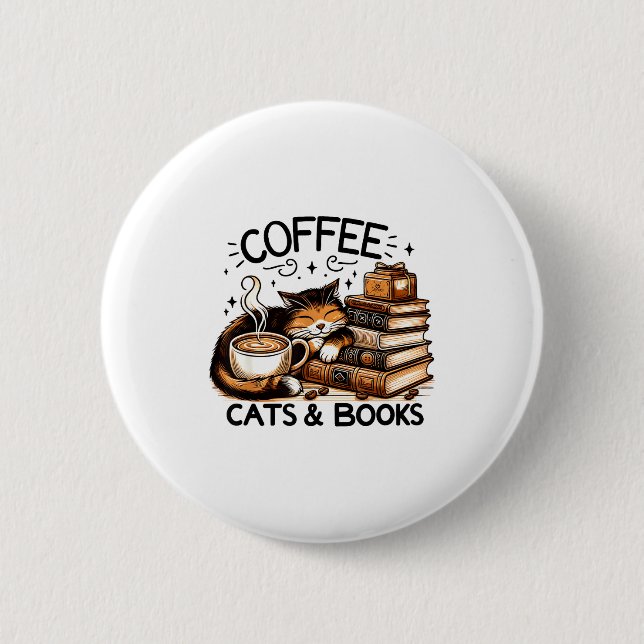 Badge Rond 5 Cm Funny Cute Coffee Cats Books Lover Women Men Kids  (Devant)