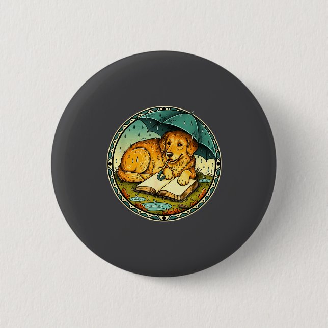Badge Rond 5 Cm Funny Dog Reading Book Rain Cozy Umbrella Cute Art (Devant)