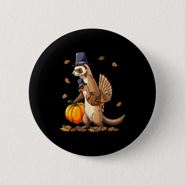 Badge Rond 5 Cm Funny Ferret Turkey Pumpkin Thanksgiving Gift Men  (Devant)