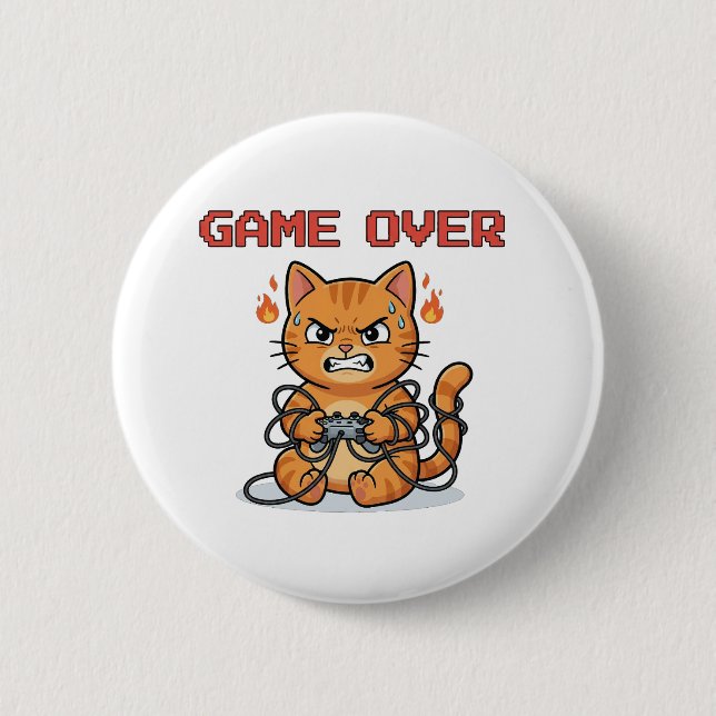 Badge Rond 5 Cm Funny Gamer Cat Game Over Button (Devant)