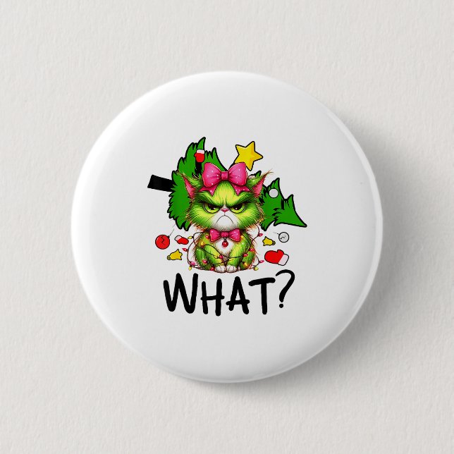 Badge Rond 5 Cm Funny Green Cat Christmas Tree Merry Xmas Humor Ca (Devant)