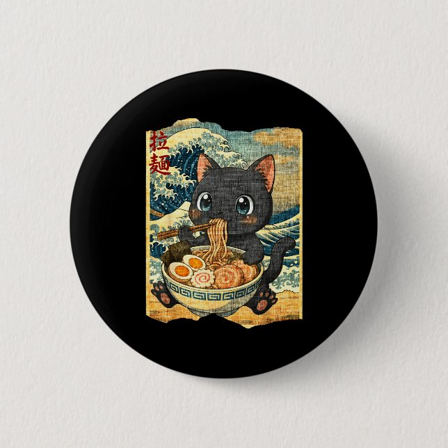 Badge Rond 5 Cm Funny Kawaii Black Cat Ramen Noodle Bowl Japanese  (Devant)