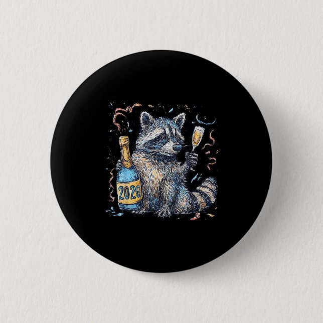 Badge Rond 5 Cm Funny Raccoon With Champagne Disco Ball New Years  (Devant)