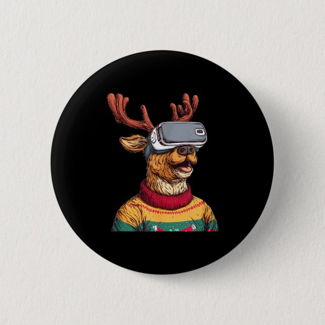 Badge Rond 5 Cm Funny Reindeer In Christmas Sweater And Vr Headset (Devant)