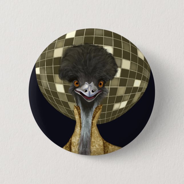 Badge Rond 5 Cm Funny Retro Golden Disco Ball Emu Bird (Devant)