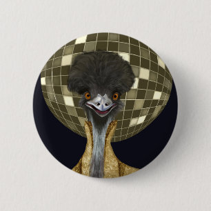Badge Rond 5 Cm Funny Retro Golden Disco Ball Emu Bird