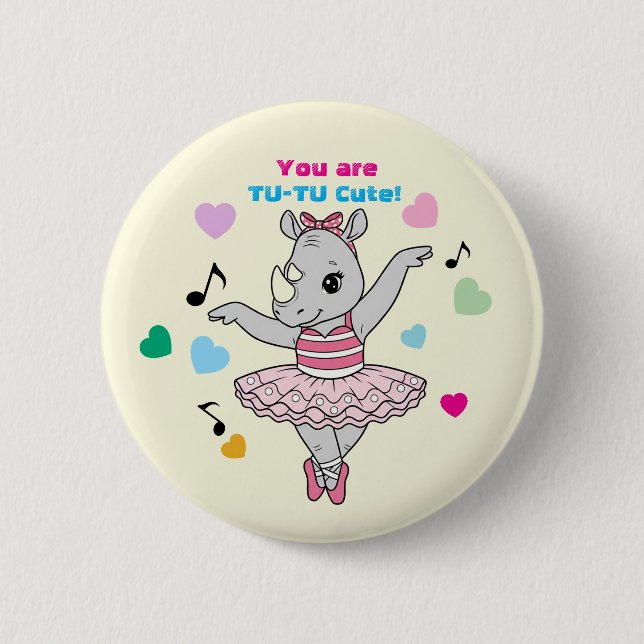 Badge Rond 5 Cm Funny Rhino Ballerina "Tu-Tu Cute" Girls Valentine (Devant)