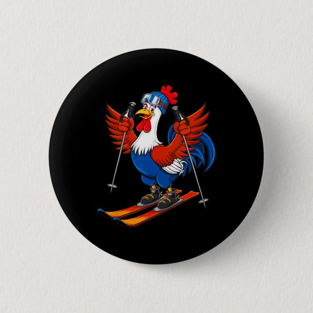 Badge Rond 5 Cm Funny Rooster Skiing Adventure Cartoon  (Devant)