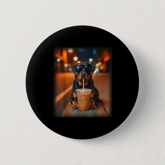 Badge Rond 5 Cm Funny rottweiler drinking iced coffee lover dog (Devant)