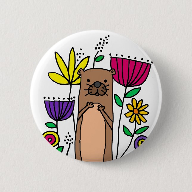 Badge Rond 5 Cm Funny Sea Otter in Flower Garden Cartoon (Devant)