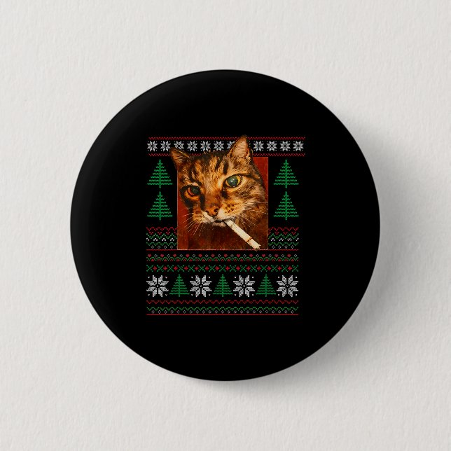 Badge Rond 5 Cm Funny Smoking Cat Meme Christmas Ugly  (Devant)