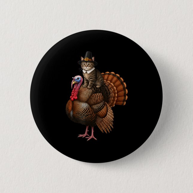 Badge Rond 5 Cm Funny Thanksgiving Cat On Turkey, Lgrim Hat Turkey (Devant)