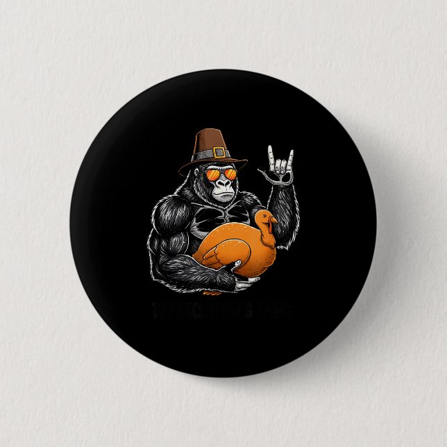 Badge Rond 5 Cm Funny Thanksgiving Gorilla Holding Turkey Lgrim Ha (Devant)