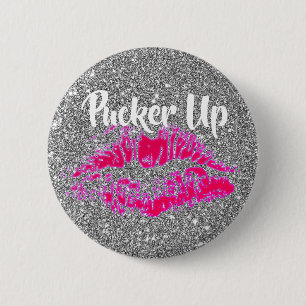 Badge Rond 5 Cm Funny Valentines Bright Pink Kiss Silver Glitter