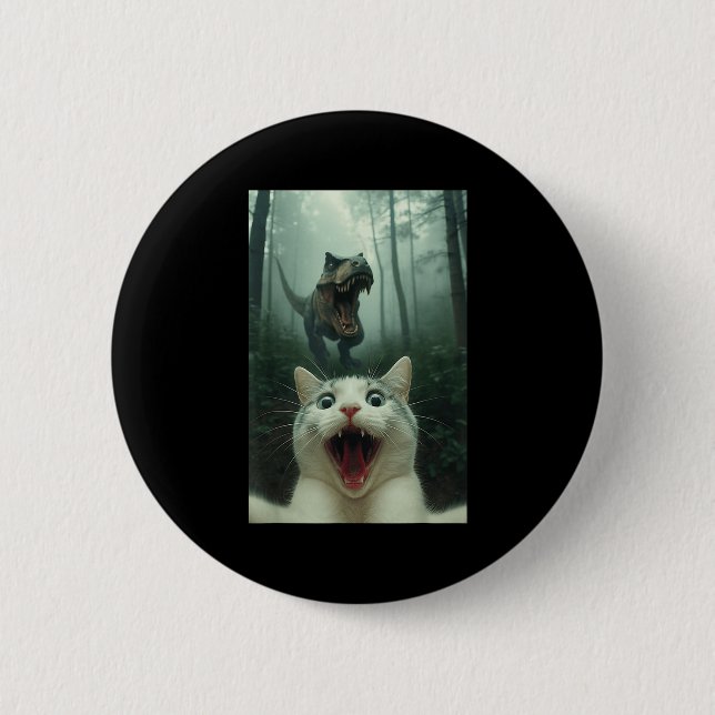 Badge Rond 5 Cm Funny White Cat Selfie With T-rex Dinosaur, Cat Ki (Devant)