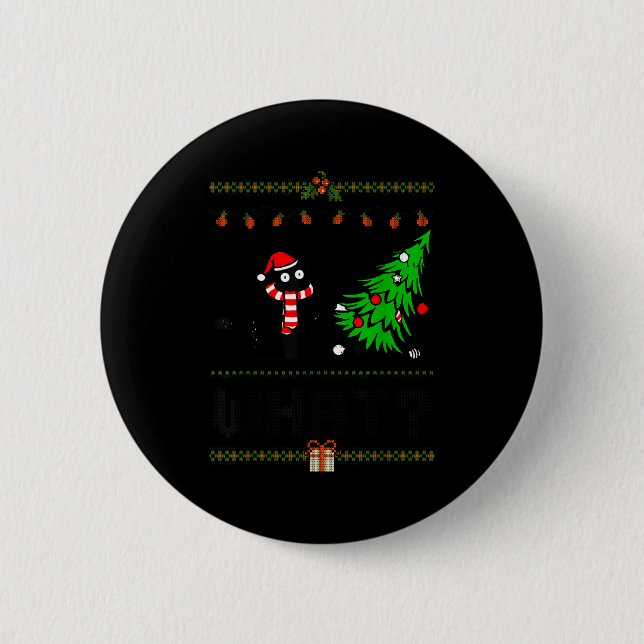 Badge Rond 5 Cm Funny Xmas Black Cat Pushing Christmas Tree Over C (Devant)