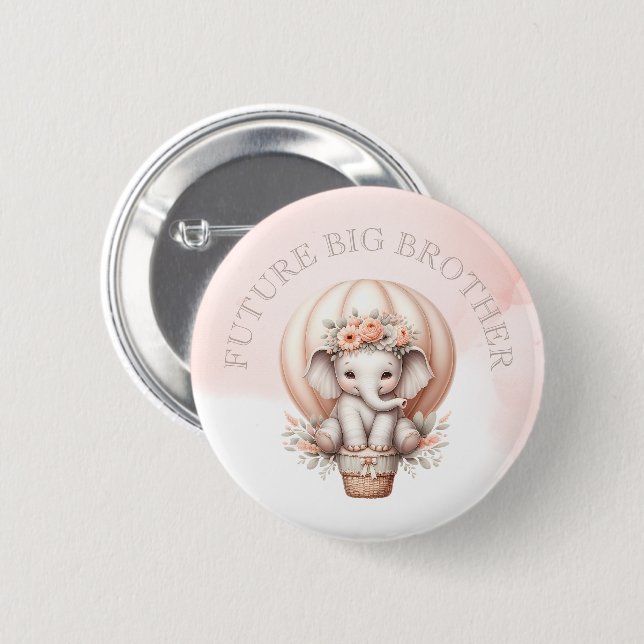 Badge Rond 5 Cm Future Big Brother Baby Shower Peach Elephant (Devant & derrière)