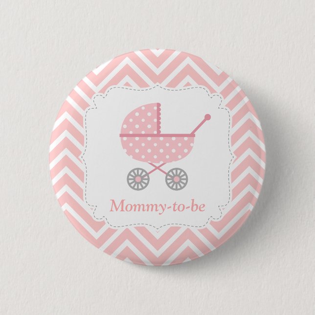 Badge Rond 5 Cm Future maman poussette Chevron Rose et Blanc (Devant)