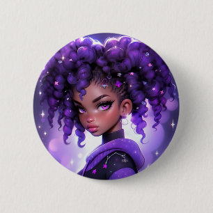 Badge Rond 5 Cm Galaxie violette fille avec cheveux bouclés