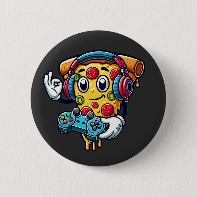 Badge Rond 5 Cm Gamer Pizza Vidéo Jeu Bouton Alimentation (Devant)