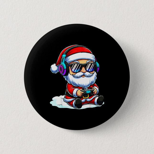 Badge Rond 5 Cm Gamer Santa Video Game Christmas Gaming  (Devant)