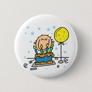 Badge Rond 5 Cm Gamin bonhomme allumette avec cadeaux de gâteau d'