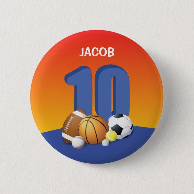Badge Rond 5 Cm Garçon 10e anniversaire des balles de sport (Devant)