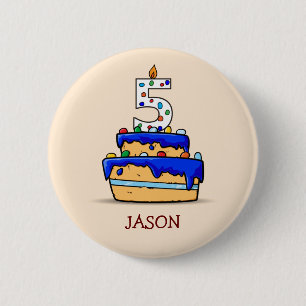 Badge Rond 5 Cm Garçon 5e anniversaire, 5 sur Gâteau bleu doux