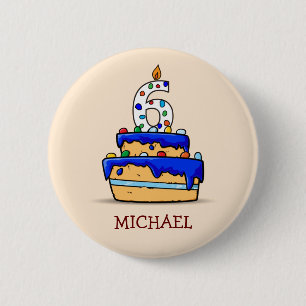 Badge Rond 5 Cm Garçon 6e anniversaire, 6 sur le gâteau bleu suc