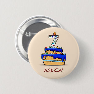 Badge Rond 5 Cm Garçon 7e anniversaire, 7 sur Gâteau bleu doux