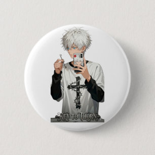 Badge Rond 5 Cm Garçon Anime Couronne Épineuse avec Clé - Yeux Ble