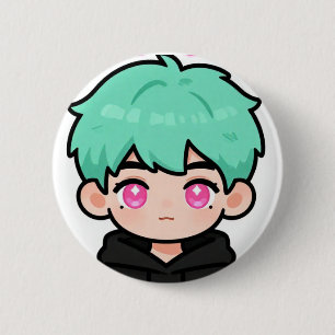 Badge Rond 5 Cm Garçon boutons pin avec cheveux mint Chibi Kawaii