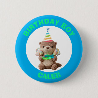 Badge Rond 5 Cm Garçon d'anniversaire | Ours en peluche bleu et ve