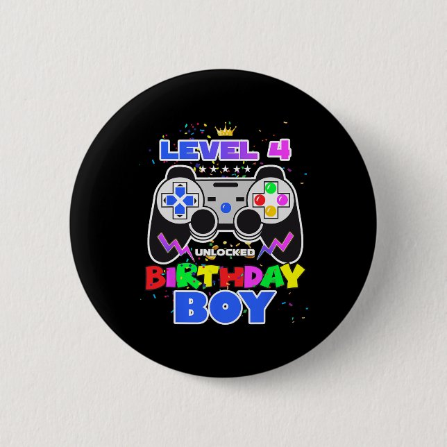 Badge Rond 5 Cm Garçon Niveau 4 Débloqué Jeu Vidéo 4e Anniversaire (Devant)