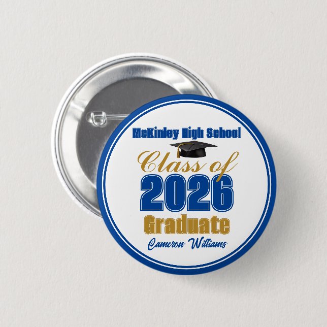 Badge Rond 5 Cm Garde de graduation de la promotion 2026 en bleu r (Devant & derrière)