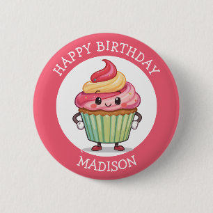 Badge Rond 5 Cm Gâteau Anniversaire Personnalisé Rose Mignon